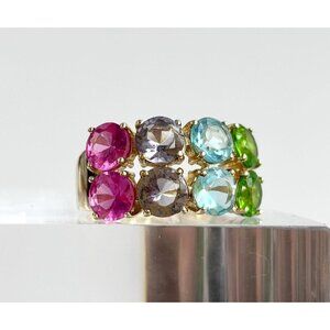 Multi Gemstone Pink Topaz, Peridot,  & Aquamarine Vintage Ring - sz 8